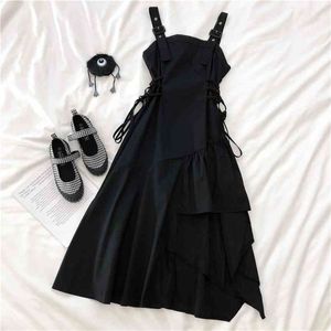 Black Vintage Gothic Dress Women Autumn Sleeveless Harajuku Streetwear Irregular A-line Goth Bandage Strap Dresses Punk 210515