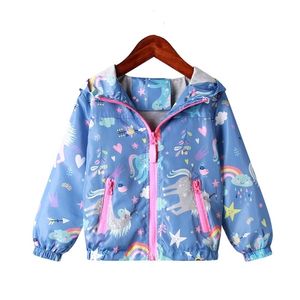 女の子のコートのための春のジャケットフード付きユニコーン虹パターンベビー服のアウターキッズウインドブレーカー秋のジャケット211204