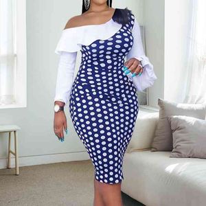 Women Long Sleeve Patchwork Dresses Cold Shoulder Ruffles Polka Dot Bodycon Midi Evening Birthday Party Robes Plus Size S-XXL 210527