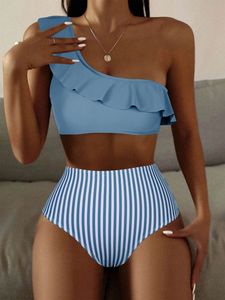 Striped Ruffle Trim One Shoulder Bikini Swimsuit r2CN#