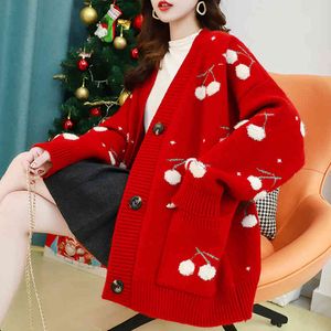 Lucyever V-Neck Long Thick Warm Cardigans Womens Autumn Cherries Embroidery Knitted Sweaters Women Red Christmas Coats 210521