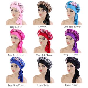 Satin tryckta bonnet elastiska bredband långa slipsar hårvård kvinnor natt sömn hatt justeras keps silke huvud wrap dusch turban lock