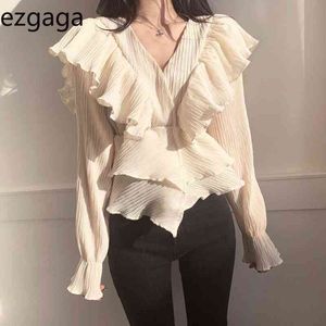 Ezgaga Blouse Women Korean Chic Spring Sweet Ruched V-Neck Slim Waist Flare Sleeve All-Match Ruffled Elegant Shirts Crop Tops 210430