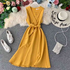 Slim V Neck Sommar Midi Long Bandage Dress Party Tank Sundress Kvinnor Casual Elegant A-Line Tie Vestidos 210430