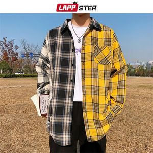 Lappster Mężczyzn Zwrotów bawełnianej koszuli kraciasty Man Hip Hop Patchwork Button Up -Mleeve Para Koreańska odzież Harajuku 220215