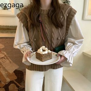 Ezgaga Set a due pezzi Donna Autunno Inverno Manica lunga Fasciatura Camicie + Capispalla Maglione lavorato a maglia Gilet Moda Streetwear Top 210430