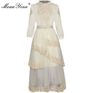 Fashion dress Spring Women Dress Stand collar Embroidery Belt Mesh Lace Cascading Ruffle High Quality Dresses 210524