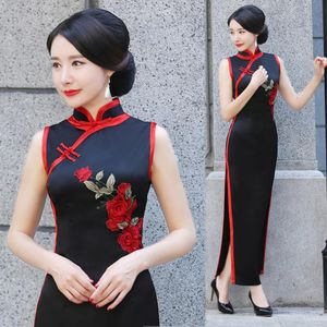 Chinesisch Abendkleid Schwarz großhandel-Black Stickerei QIPAO Langes chinesisches traditionelles Kleid Orientalischer Stil Abendkleider Mode Elegante Cheongsam Sleeveless Qi Pao Ethnischer Gerinnsel