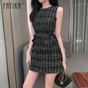 Fatika Spring Summer Damska Dress Bez Rękawów Lace-Up Bow O-Neck Plaid Classic Elegant Casual Empire Short Sukienka X0521