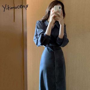 Yitimuceng Shirt Dress Women Lace Up Midi Lantern Sleeve Dresses Apricot Navy Black Spring Korean Fashion Simple style 210601