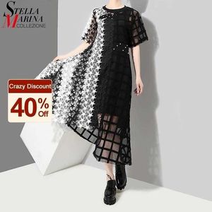 Summer Woman Black White Transparent Stylish Lace Dress Hollow Out Lady Night Party Sexy Asymmetrical Club Dress Robe Femme 3517 210329