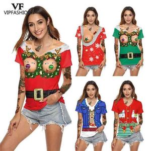 MODA VIP Harajuku Estate Donna Divertente Natale Stampato T-shirt Donna Scollo a V Manica corta Casual 3D Party Top Tee Shirt 210324