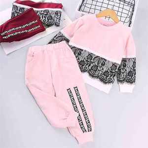 Children'S Clothing Korean Girl Autumn Clothes Sets Lace Stitching Long-Sleeved Sweater Trousers 2pcs Suit For Girls 210625