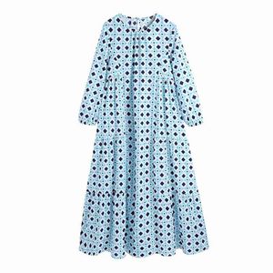 Oversize Women O Neck Straight Dress Spring-autumn Fashion Ladies Sweet Cute Loose Female Blue Print 210515