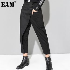 [Eam] Vår svart lös hög midja platt elastisk midja kvinnor mode bredben ankel längd byxor oa870 210721