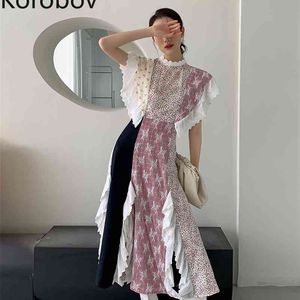 コロバフ韓国の新しいシックな女性のドレス夏の甘いヒットカラーパッチワークの街岸のドレスoネックフリルローブフェムメ210430