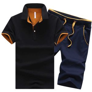 Set da uomo in cotone Set di polo con bottoni estivi Turn Down Pantaloncini da uomo 4XL Abbigliamento da uomo Set da 2 pezzi Tuta Pantaloncini in vita elastica 210601