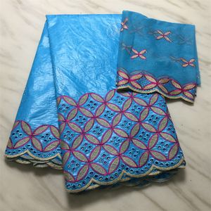 5Yards High Quality Sky Blue Bazin brocade Lace Fabric African Embroidery Match 2Yards French Mesh Blouse Set PL71602