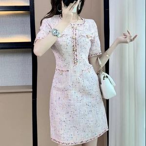 New design womens summer o-neck short sleeve pink color tweed woolen a-line slim waist short dress plus size XSSMLXLXXL