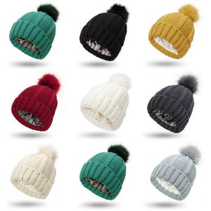 Acrylic Rib Knitted Fur Ball Beanies With Warm Smooth Lining Protect Hairstyle Ladies Plain Winter Slouchy Hats Yellow Wine Red Black Beige White Green Grey 8 Colors