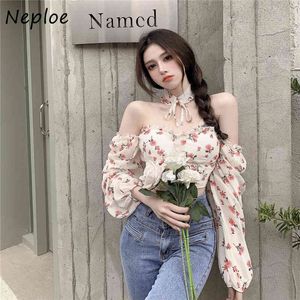 NEPLOE Sexy Slash Neck Ramię Bez Ramiączek Bluzka Kobiety Vintage Print Z Długim Rękawem Slim Fit Blusas Halter Krótka koszula Feminino OL 210423