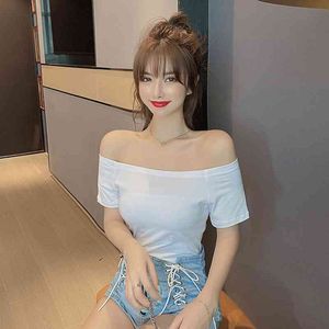 Slash Neck Koreaanse Pure Katoenen T shirts Meisjes Dames Sexy Top Basic Shirts Tee Off Shoulder