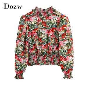 Boho Blumendruck Damen Tops und Blusen Puffärmel aushöhlen Hemd elastische Taille Urlaub Bluse Top Camisas Mujer 210515