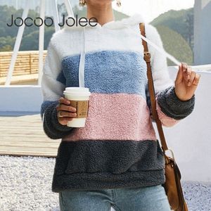 Kvinnor slog färg randiga hoodies elegant höst vinter lösa sweatshirts plus storlek fluffy fleece pullover 210428