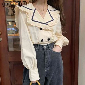 Korean Blouses Tops Spring Women Fashion Solid Button White Shirt Long Sleeve Ruffles Peter Pan Collar Blusas 210601