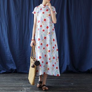 Johnature Vintage Pamuk Keten Kadın Elbise Standı Baskı Çiçek Cheongsam Yaz Kısa Kollu Kadın Çin Tarzı Elbise 210521