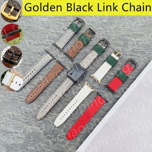 Watch Band Strap For Apple iWatch Strap 7 3 4 5 6 SE Series 44mm 45mm 41mm 40mm 42mm 38mm Wristband Luxury Embossing Gold Black Link Chain Bracelet Leather Smart Straps