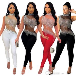 Sexy Hollow Out Sequin Jumpsuits Sexy Mesh Hot Drill Sleeveless Women Apparel Formal Black Rhinestone Fringe One-piece Pants
