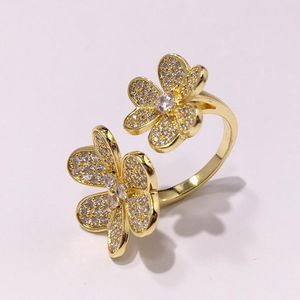 Kluster Ringar Kvalitet Mode Smycken Pave Zircon Rose Gold Färg Dubbel Blomma Öppet för Kvinnor Kan Justerat Storlek (DJ1452)