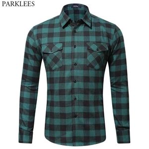 Classic Green Plaid Flannel Shirt Men Long Sleeve Casual Button Down Checkered Shirts Mens Double Pocket Shirt for Camp Work 2XL 210522