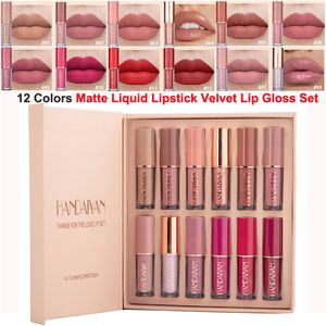 12-teiliges, samtmattes, flüssiges Lippenstift-Marken-Make-up-Set, glänzender Lipgloss, klassisch, wasserfest, langlebig, antihaftbeschichtet, 12 Farben, Lippenstifte für Frauen, Geschenk