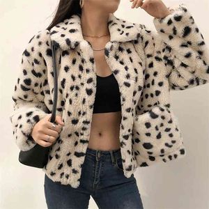 Leopard Teddy Soft Furry Women's Winter Jacket Kvinnliga rockar faller varm faux päls nedbrytning krage långärmad knapp outwear 210510
