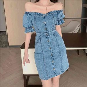 Ladies Summer Sexy Slash Neck Single Breasted High Waist Denim Dresses Female Vintage Women Short Sleeve Slim Party Dress 210519