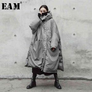 [EAM] Felpa con cappuccio in cotone imbottito grigio oversize manica lunga cappotto caldo vestibilità ampia donna parka moda primavera autunno JE02002 210923