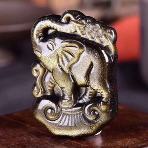 Natürliches Gold Sheen Obsidian Carving günstiger Wohlhabender Elefant Anhänger Stein Halskette Unisex Lucky Fortune Talisman Amulett Schmuck mit verstellbarem Nylonschnur