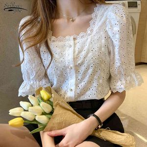 Летняя рубашка Корейский стиль Wild кружева женщины квадратный воротник с коротким рукавом, выдолбленные старинные элегантные блузки Blusas 13934 210521