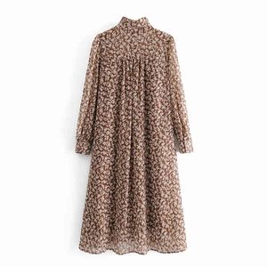 Vintage Women Brown Floral Print Dresses Fashion Ladies Stand Lång Klänning Streetwear Kvinna Chic Belt Loose Vestidos 210427