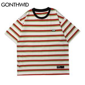 T - shirts Streetwear Hip Hop Stripe Manga Curta T-shirt Camisetas Harajuku Forma Casual Verão Loto Camisetas Tops 210602