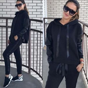 Tracksuit Women Two Piece Set Autumn Clothes Solid Hooded PU Long Sleeve Sweatshirt and Pants Sports Jogging Suit Female Outfits Y0625