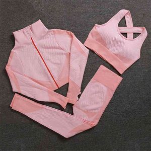 원활한 Tracksuit 여성 브래지어 상단 및 레깅스 3 조각 세트 피트 니스 복장 여성을위한 긴 소매 조깅 femme 일치 세트 210727