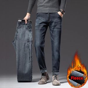 Jeans masculinos 2021 inverno marca homens roupas encaixotadas jeans clássico bordado bordado espesso velo juventude moda magro