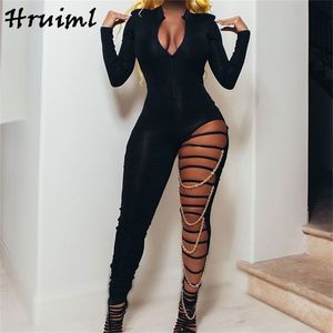 Sexy Outfit Women Club Outfits Autumn Long Sleeve Bodysuit Black Jumpsuits Hollow Out Chain Skinny Rompers Clothing 210513