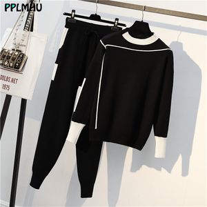 Plus Size Stripe Patchwork Knitted 2 Piece Suit For Women O-Neck Knit Sweater Tops And Sweatpants Casual Tracksuit Female 211116