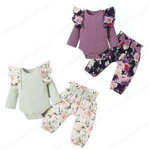 Barnkläder Satser Floral Outfits Infant Toddler Ruffle Flying Sleeve Toppar + Blomma Tryck Byxor 2st / Set Vår Höst Mode Baby Kläder