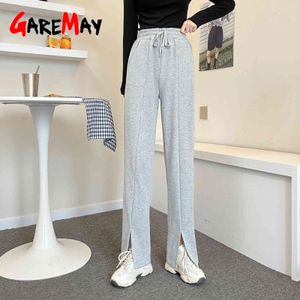 Lässige Hose mit weitem Bein und Schlitz, lockere Hose im koreanischen Stil mit hoher Taille, graue Jogginghose für Damen 210428