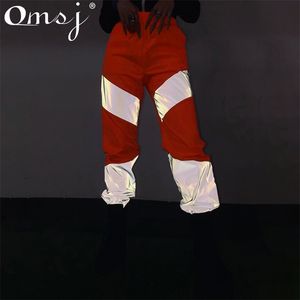 Omsj Рождественские оранжевые лоскутные светоотражающие штаны осень женщины уличные одежды Jogger высокая талия хип-хоп длинные брюки 210517